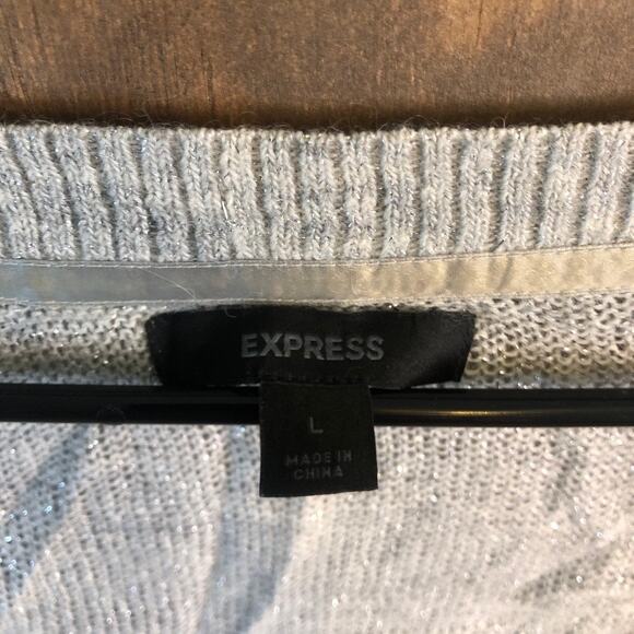 Express Womens Sweater Gray Metallic Thin Deep V Neck Merino Wool Blend Large - Picture 4 of 13